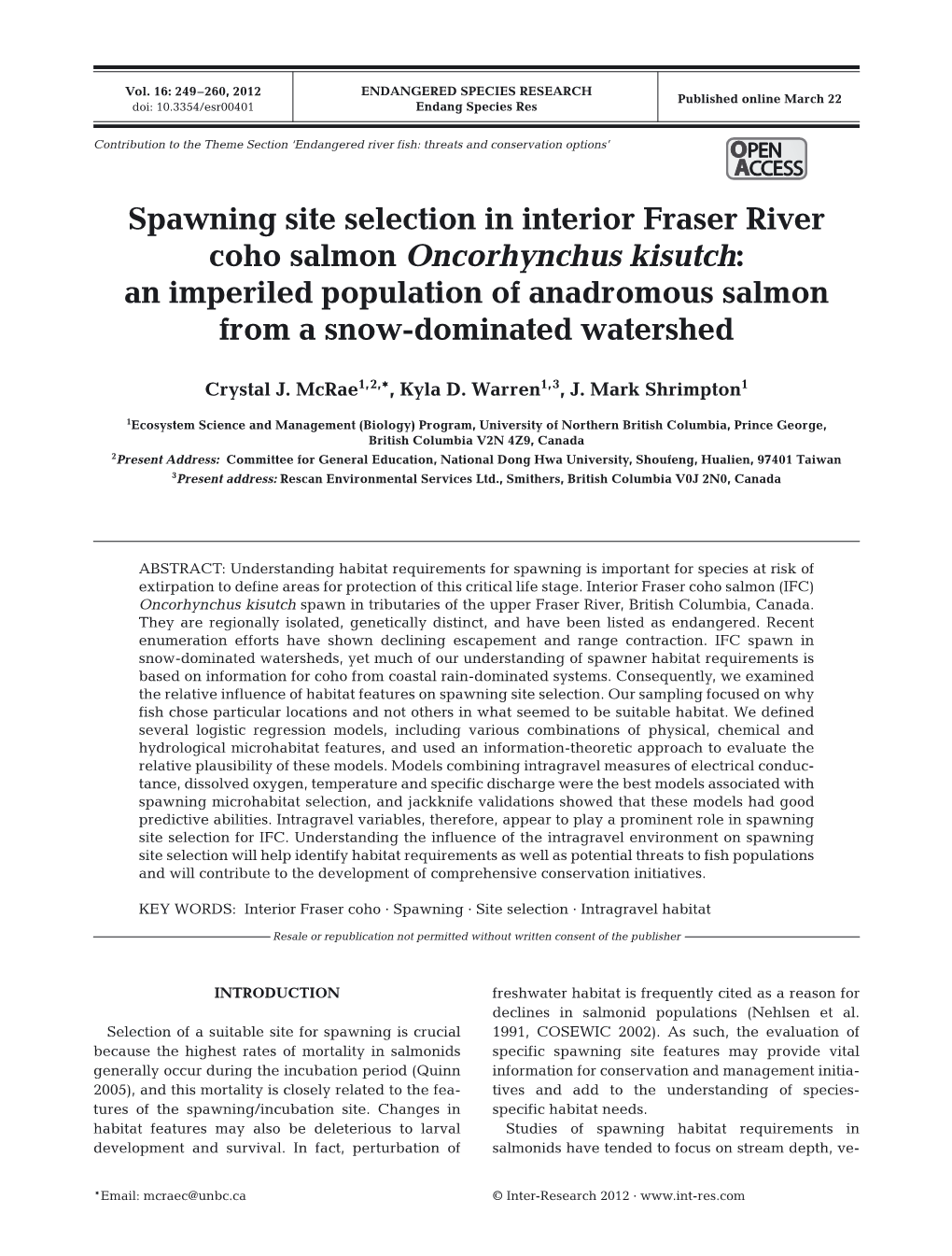 Spawning Site Selection in Interior Fraser River Coho Salmon Oncorhynchus Kisutch: an Imperiled Population of Anadromous Salmon from a Snow-Dominated Watershed