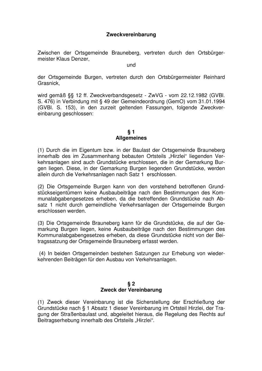 16. Zweckvereinbarung OG Brauneberg-Burgen in Sachen Wkb VKA Hirzlei Vom 20090105 Und 20090107