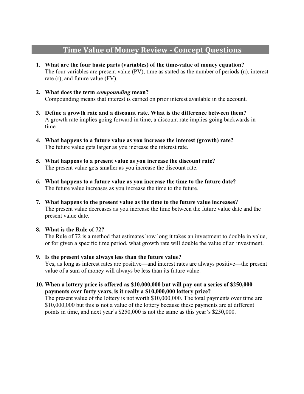 Time Value of Money Review - Concept Questions