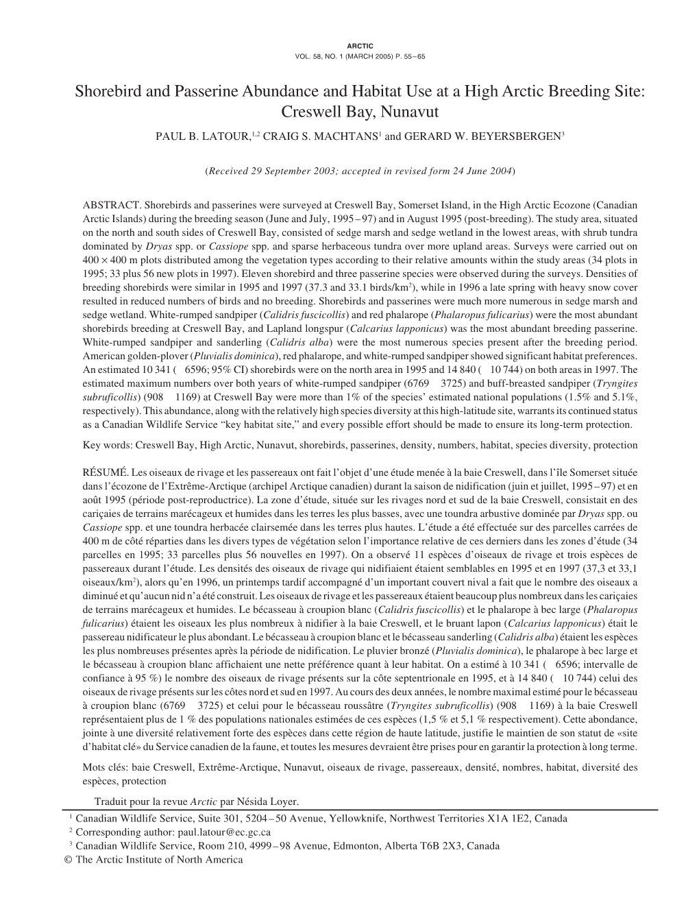Shorebird and Passerine Abundance and Habitat Use at a High Arctic Breeding Site: Creswell Bay, Nunavut PAUL B