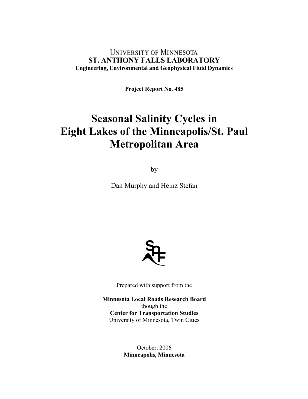 Seasonal Salinity Cycles in Eight Lakes of the Minneapolis/St. Paul Metropolitan Area