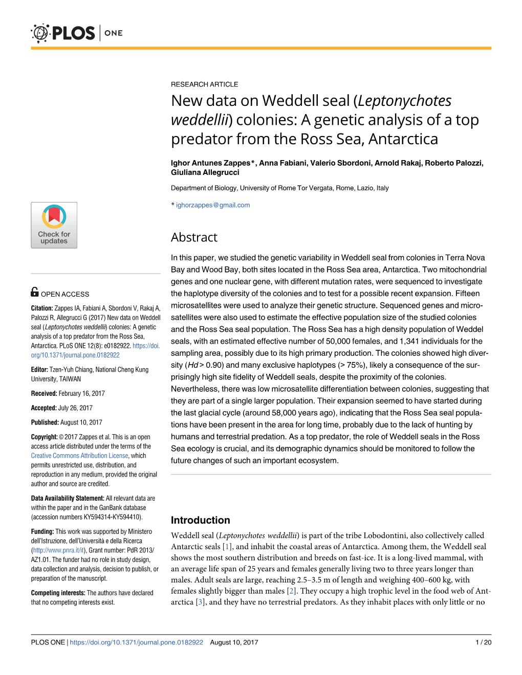 New Data on Weddell Seal (Leptonychotes Weddellii) Colonies: a Genetic Analysis of a Top Predator from the Ross Sea, Antarctica