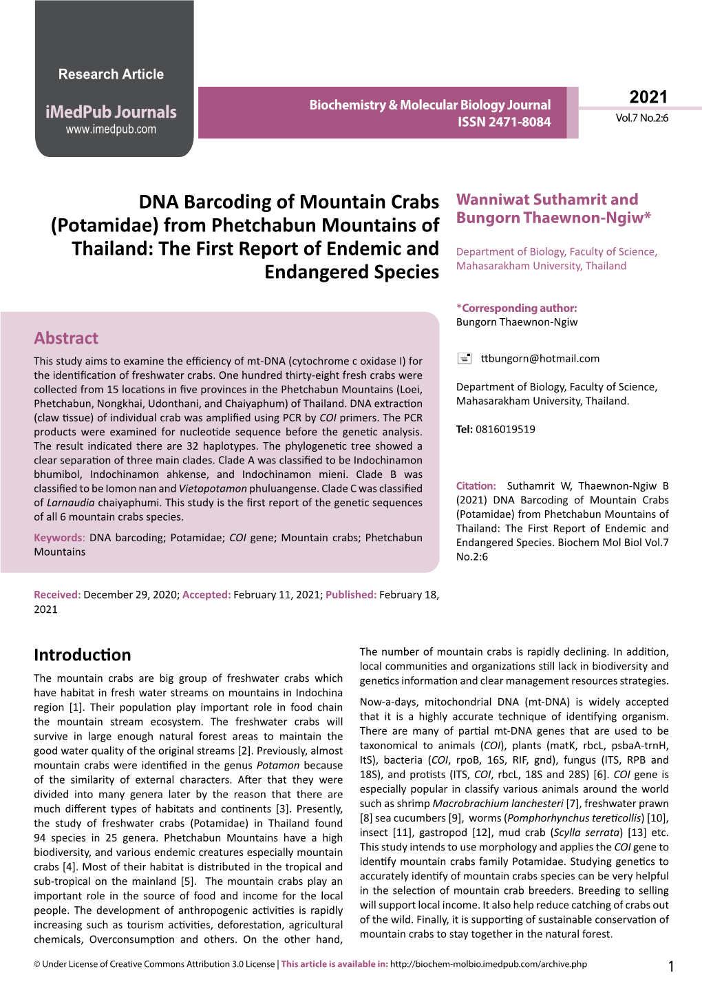 DNA Barcoding of Mountain Crabs (Potamidae) from Phetchabun