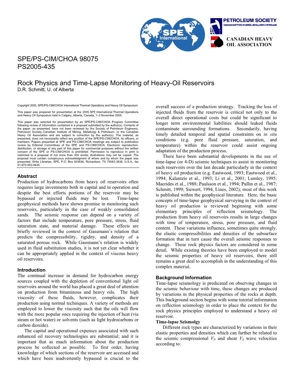 Rock Physics and Time-Lapse Monitoring of Heavy-Oil Reservoirs D.R