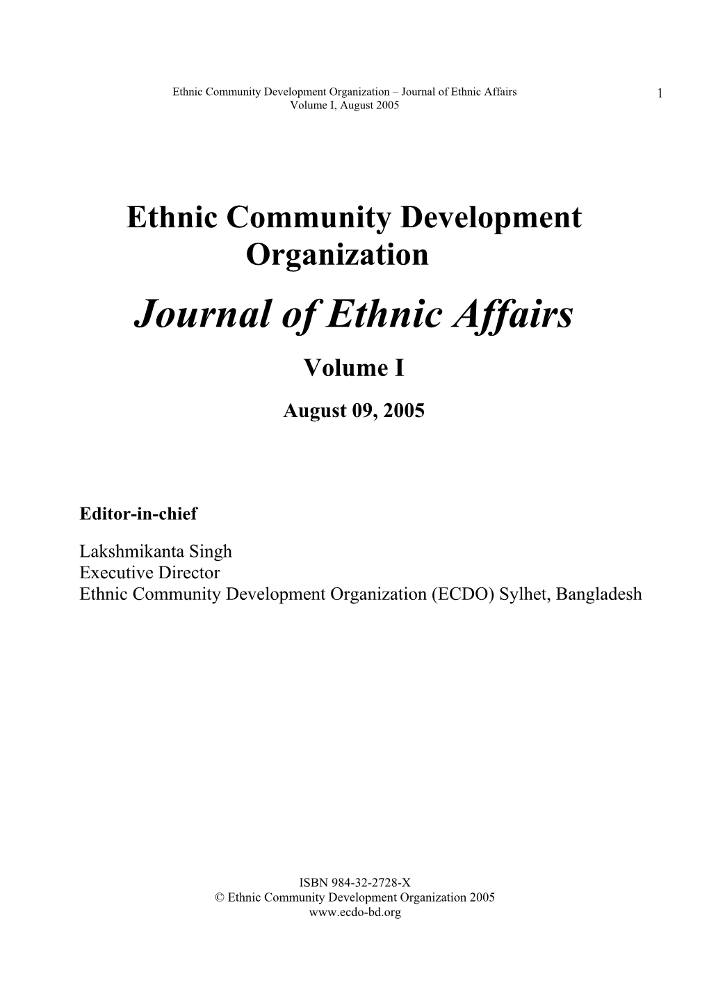 Journal of Ethnic Affairs 1 Volume I, August 2005