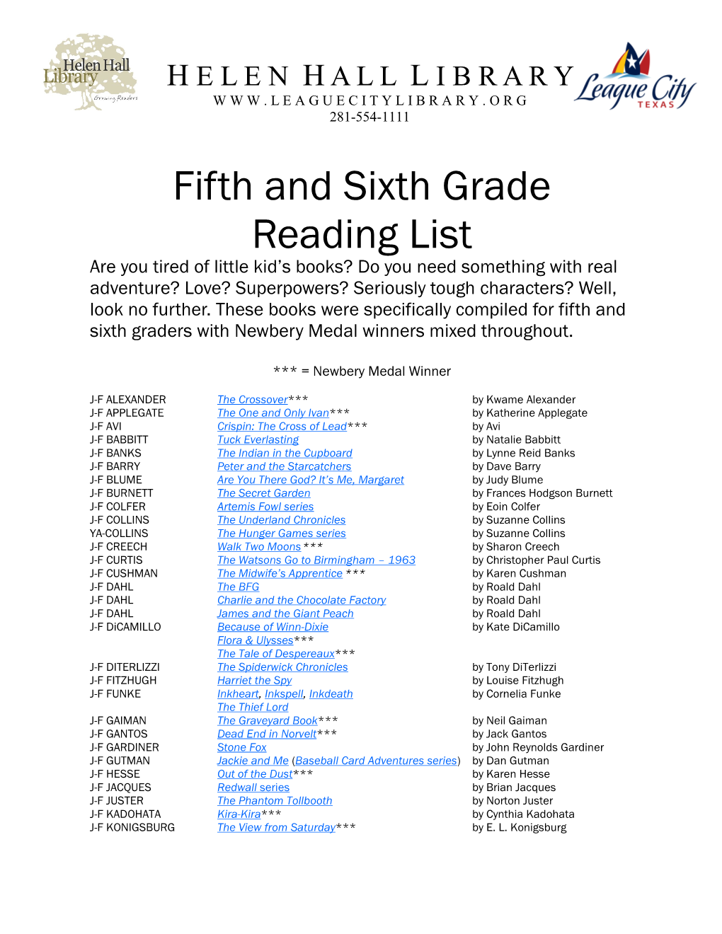 Fifth and Sixth Grade Reading List