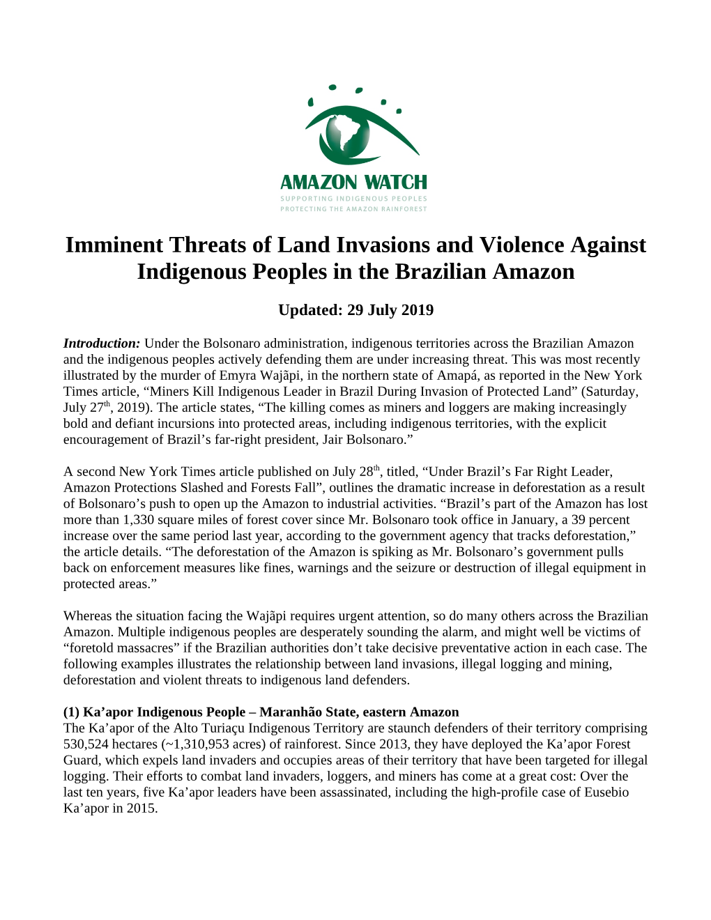 Imminent Threats of Land Invasions and Violence Against Indigenous Peoples in the Brazilian Amazon