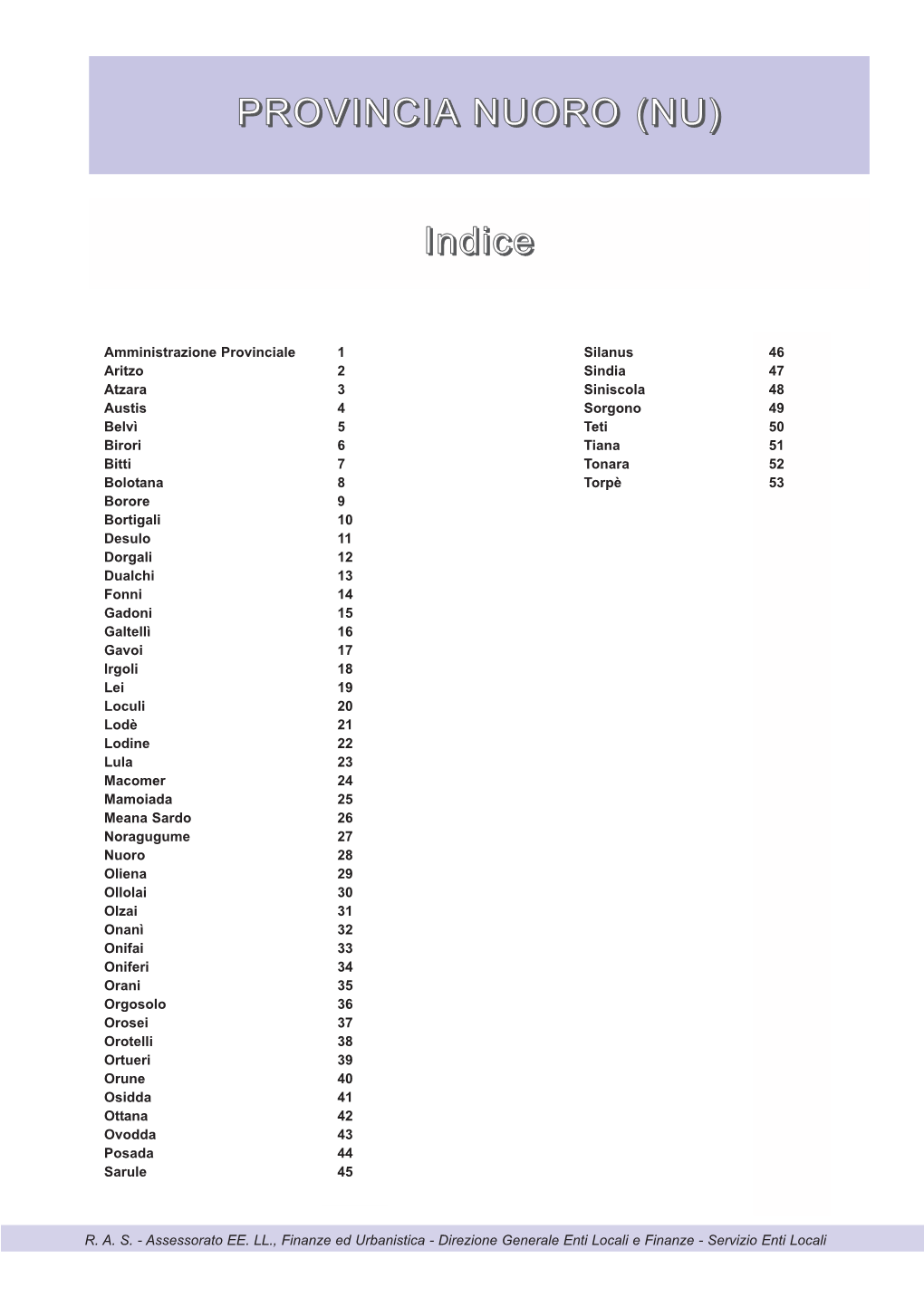 PROVINCIA NUORO (NU) Indice