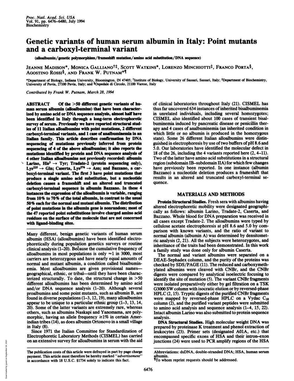 Genetic Variants of Human Serum Albumin in Italy