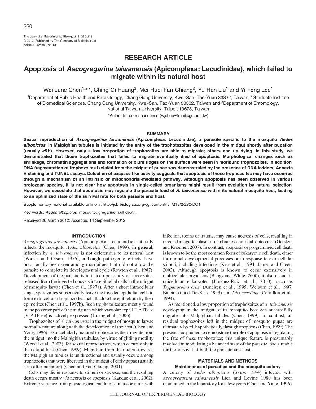 RESEARCH ARTICLE Apoptosis of Ascogregarina Taiwanensis (Apicomplexa: Lecudinidae), Which Failed to Migrate Within Its Natural Host