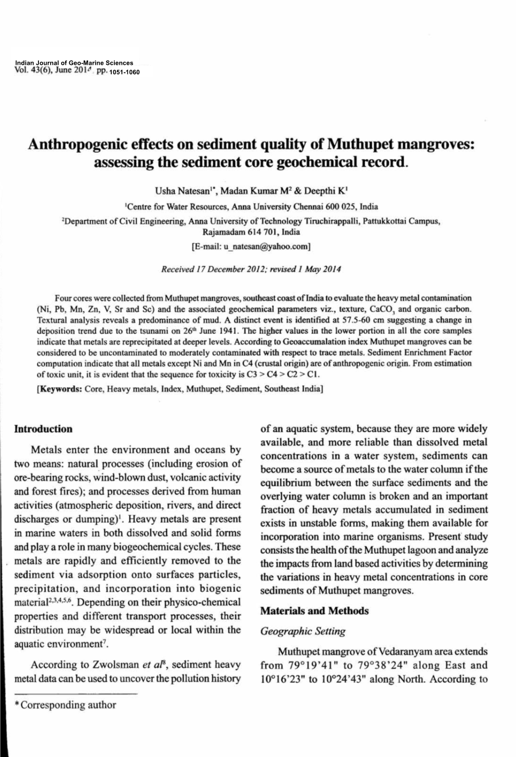 Anthropogenic Effects on Sediment Quality of Muthupet Mangroves: Assessing the Sediment Core Geochemical Record