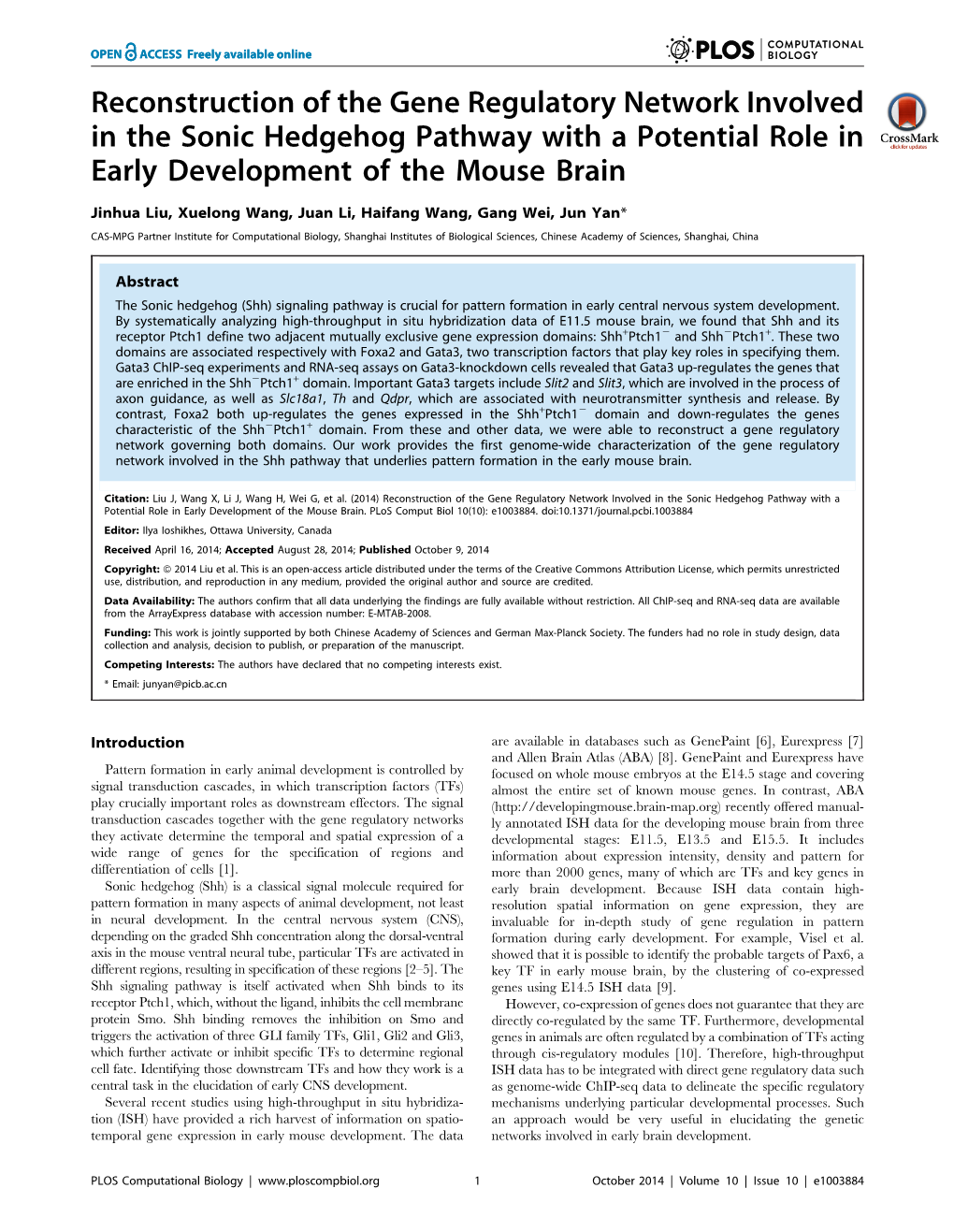 Reconstruction of the Gene Regulatory Network Involved in the Sonic Hedgehog Pathway with a Potential Role in Early Development of the Mouse Brain