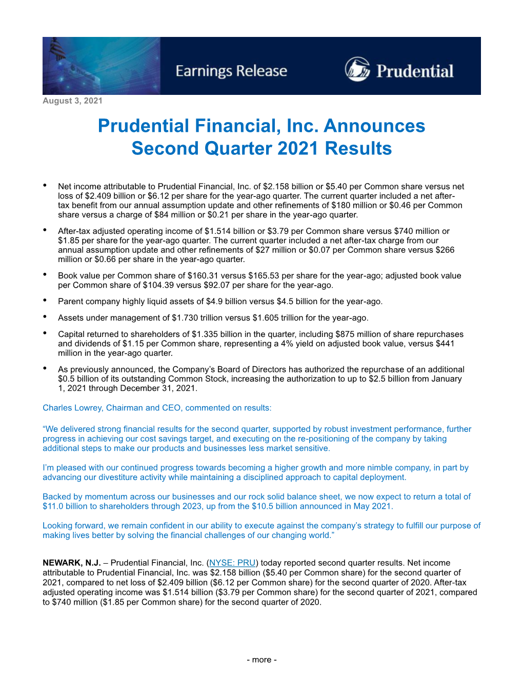 Prudential Financial, Inc. Announces Second Quarter 2021 Results