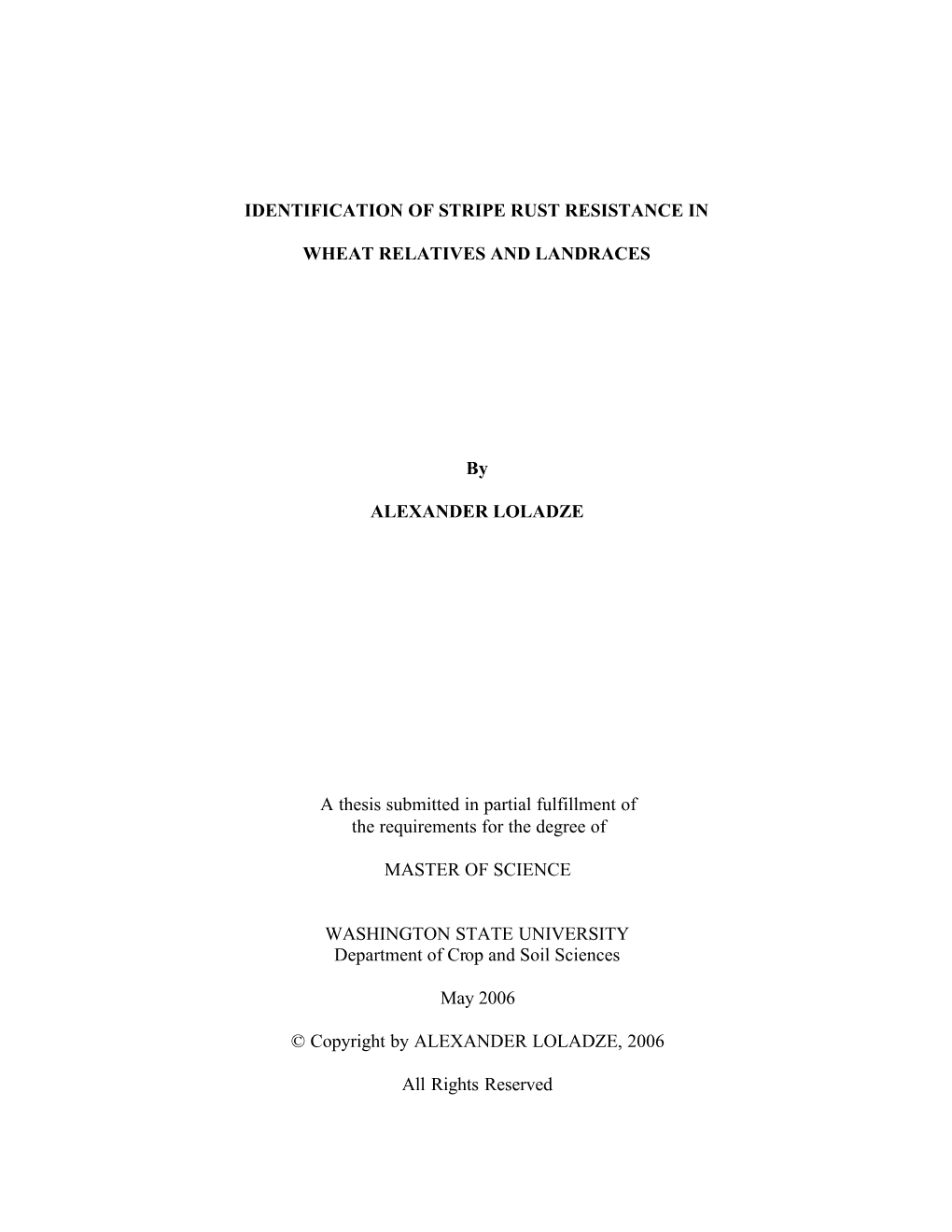 I IDENTIFICATION of STRIPE RUST RESISTANCE in WHEAT