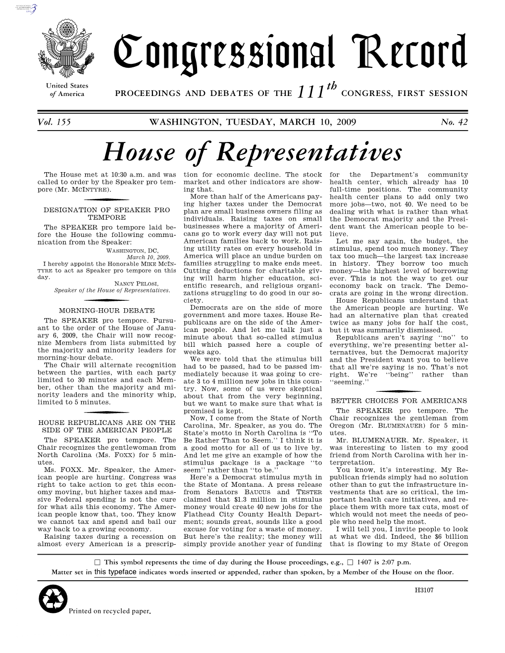 Congressional Record United States Th of America PROCEEDINGS and DEBATES of the 111 CONGRESS, FIRST SESSION