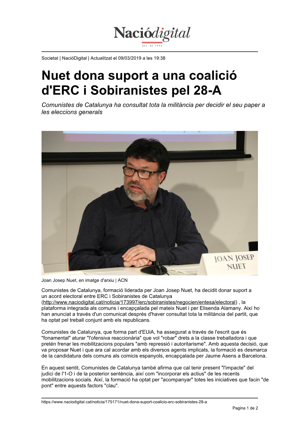 Nuet Dona Suport a Una Coalició D'erc I Sobiranistes Pel 28-A