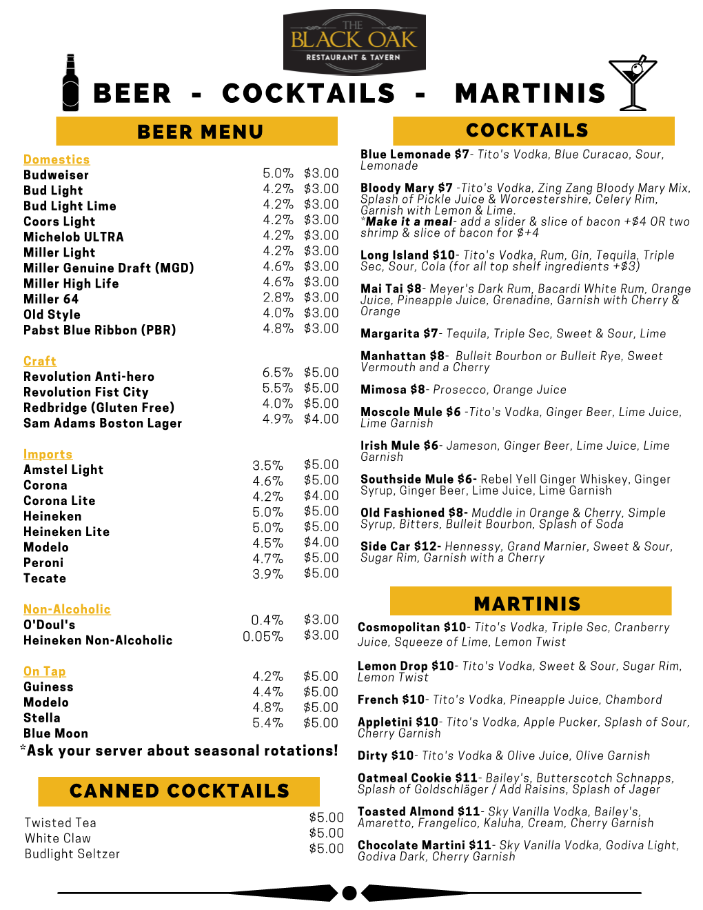 REVISED Black Oak Beer Cocktail Wine Menu