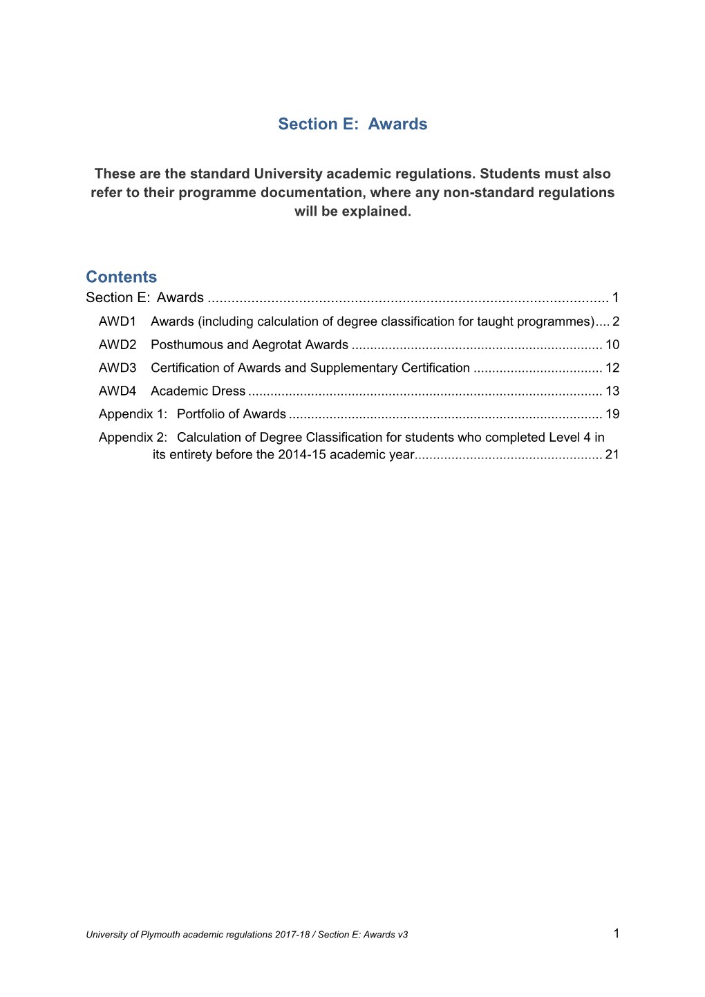 Section E: Awards Contents