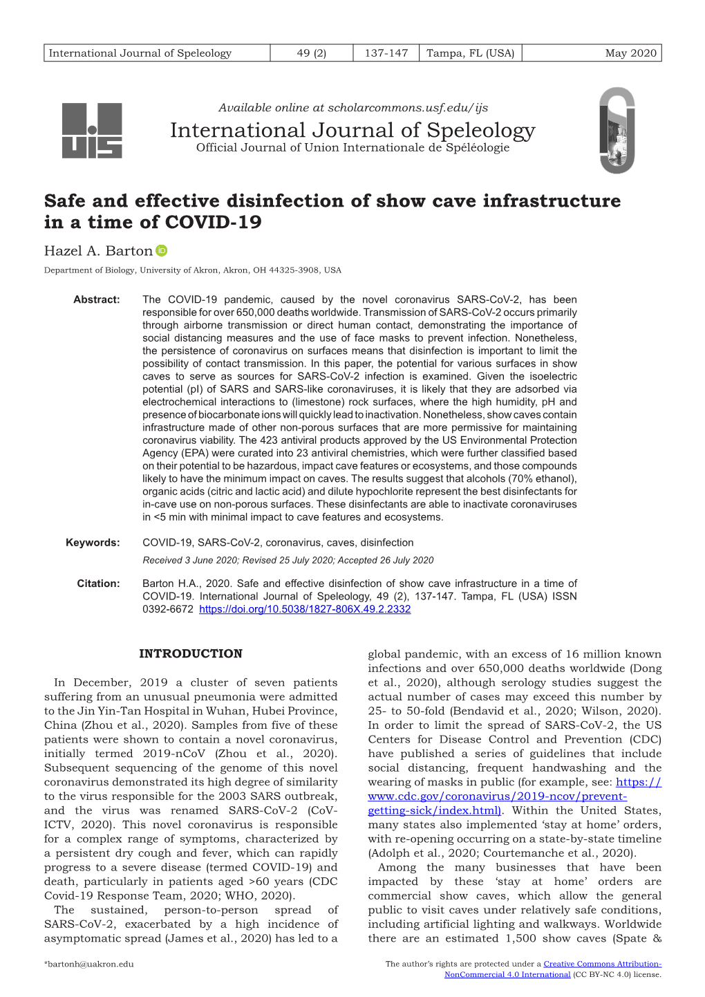 Safe and Effective Disinfection of Show Cave Infrastructure in a Time of COVID-19 Hazel A