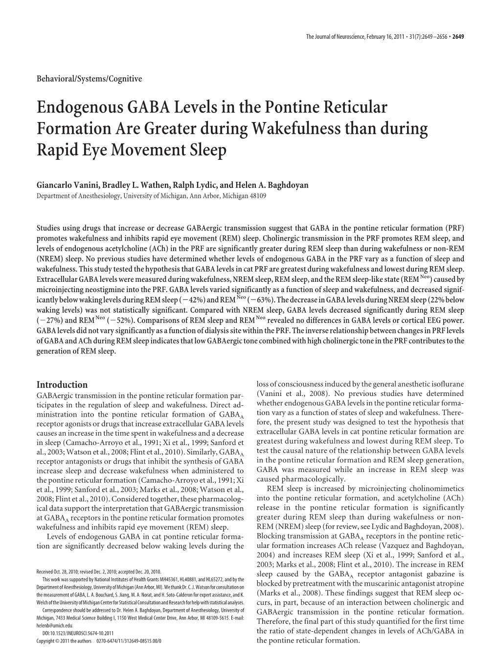 Endogenous GABA Levels in the Pontine Reticular Formation Are Greater During Wakefulness Than During Rapid Eye Movement Sleep