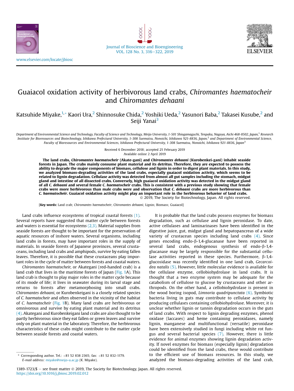 Guaiacol Oxidation Activity of Herbivorous Land Crabs, Chiromantes Haematocheir and Chiromantes Dehaani