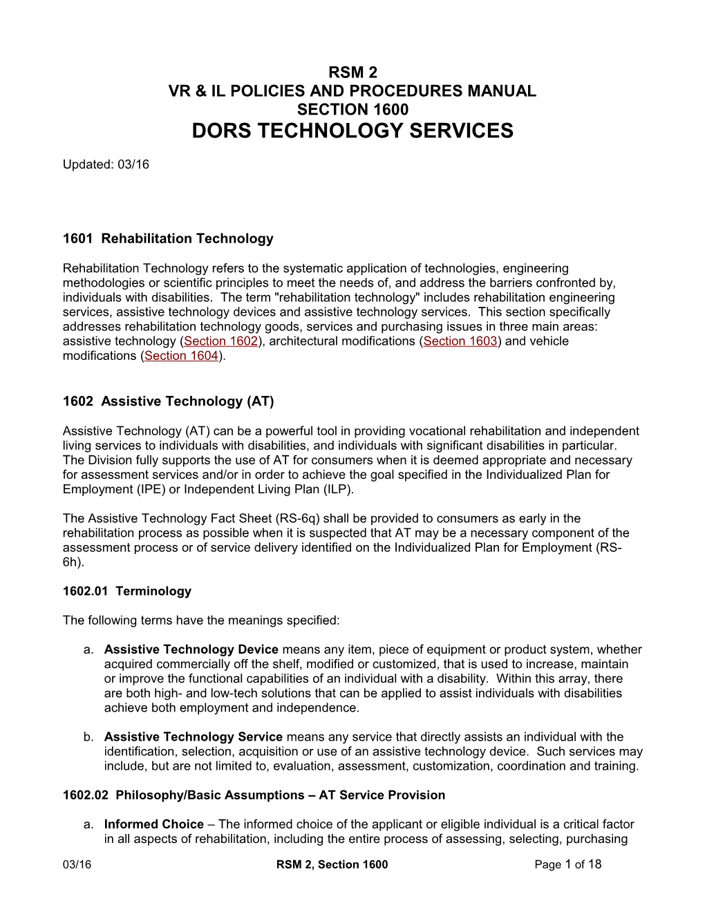 RSM 2, Section 1600: DORS Technology Services