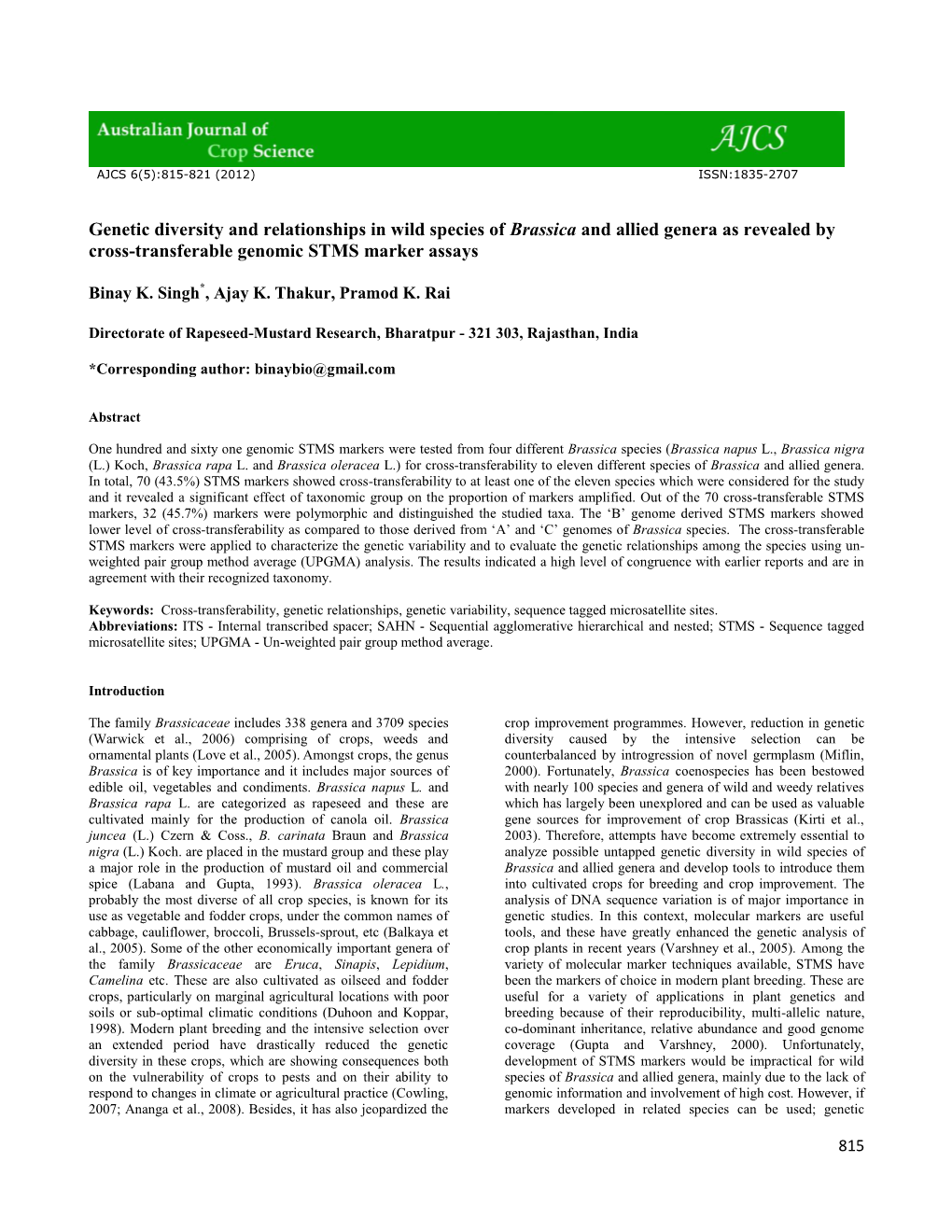 Genetic Diversity and Relationships in Wild Species of Brassica and Allied Genera As Revealed by Cross-Transferable Genomic STMS Marker Assays