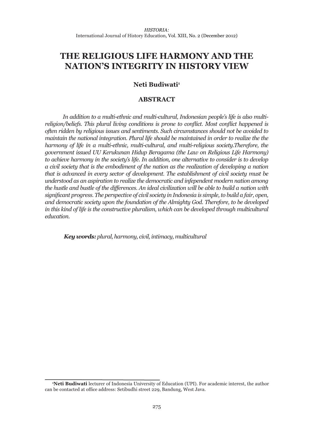 The Religious Life Harmony and the Nation's Integrity in History View