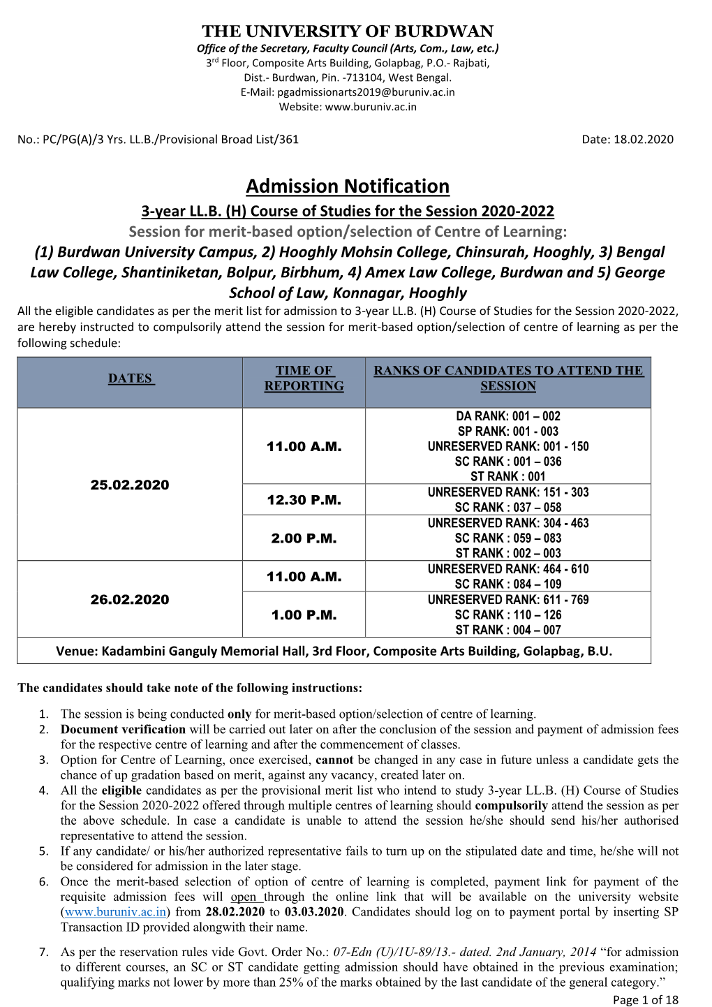 Admission Notification 3-Year LL.B