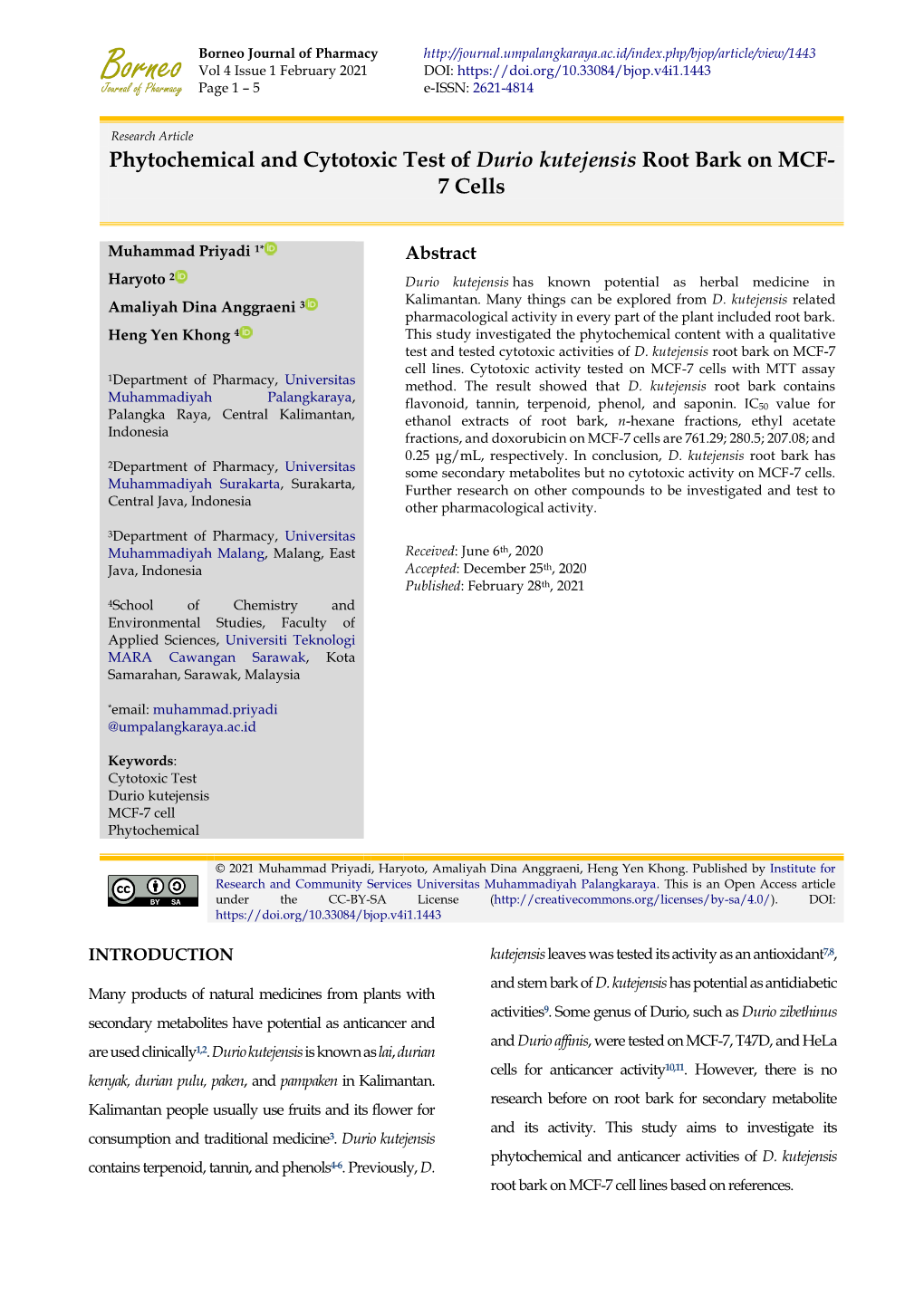 Phytochemical and Cytotoxic Test of Durio Kutejensis Root Bark on MCF- 7 Cells