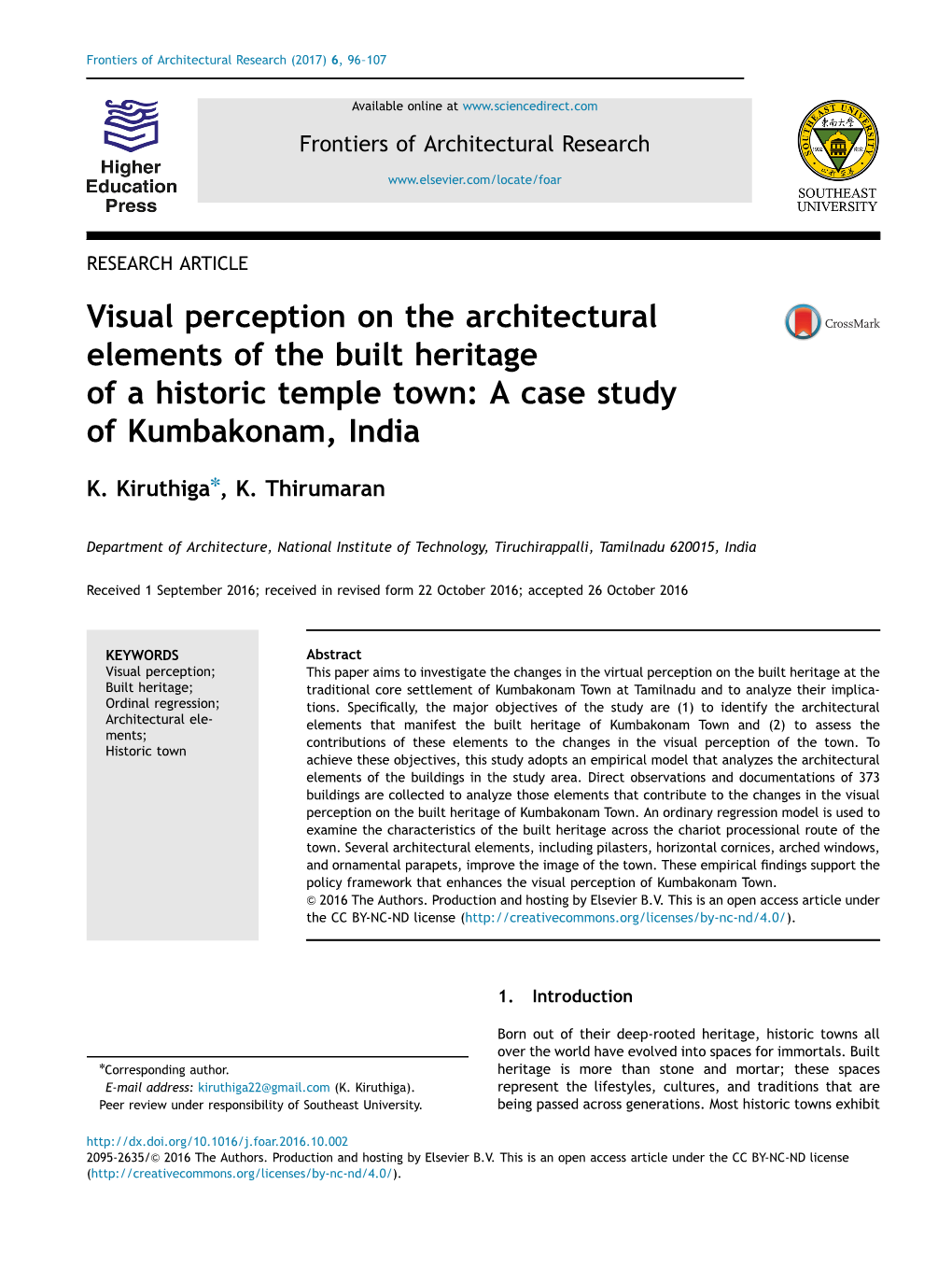 Visual Perception on the Architectural Elements of the Built Heritage of a Historic Temple Town a Case Study of Kumbakonam