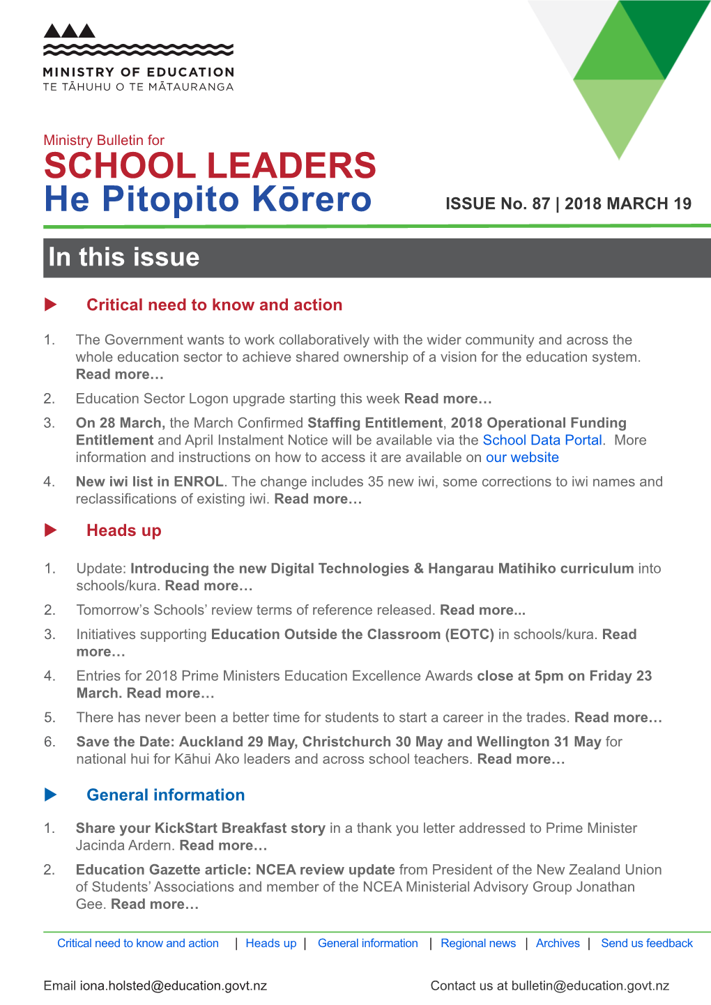 Ministry Bulletin for SCHOOL LEADERS He Pitopito Kōrero ISSUE No