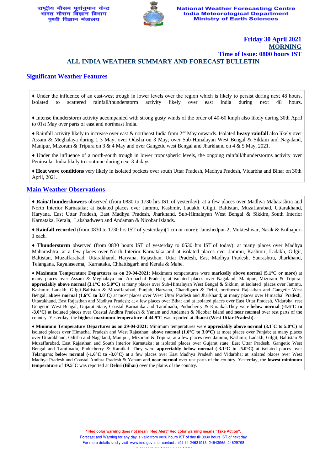 Friday 30 April 2021 MORNING Time of Issue: 0800 Hours IST ALL INDIA WEATHER SUMMARY and FORECAST BULLETIN