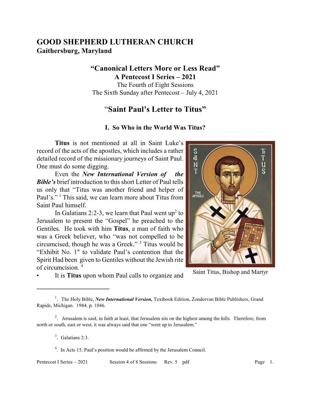 GOOD SHEPHERD LUTHERAN CHURCH “Saint Paul's Letter to Titus”