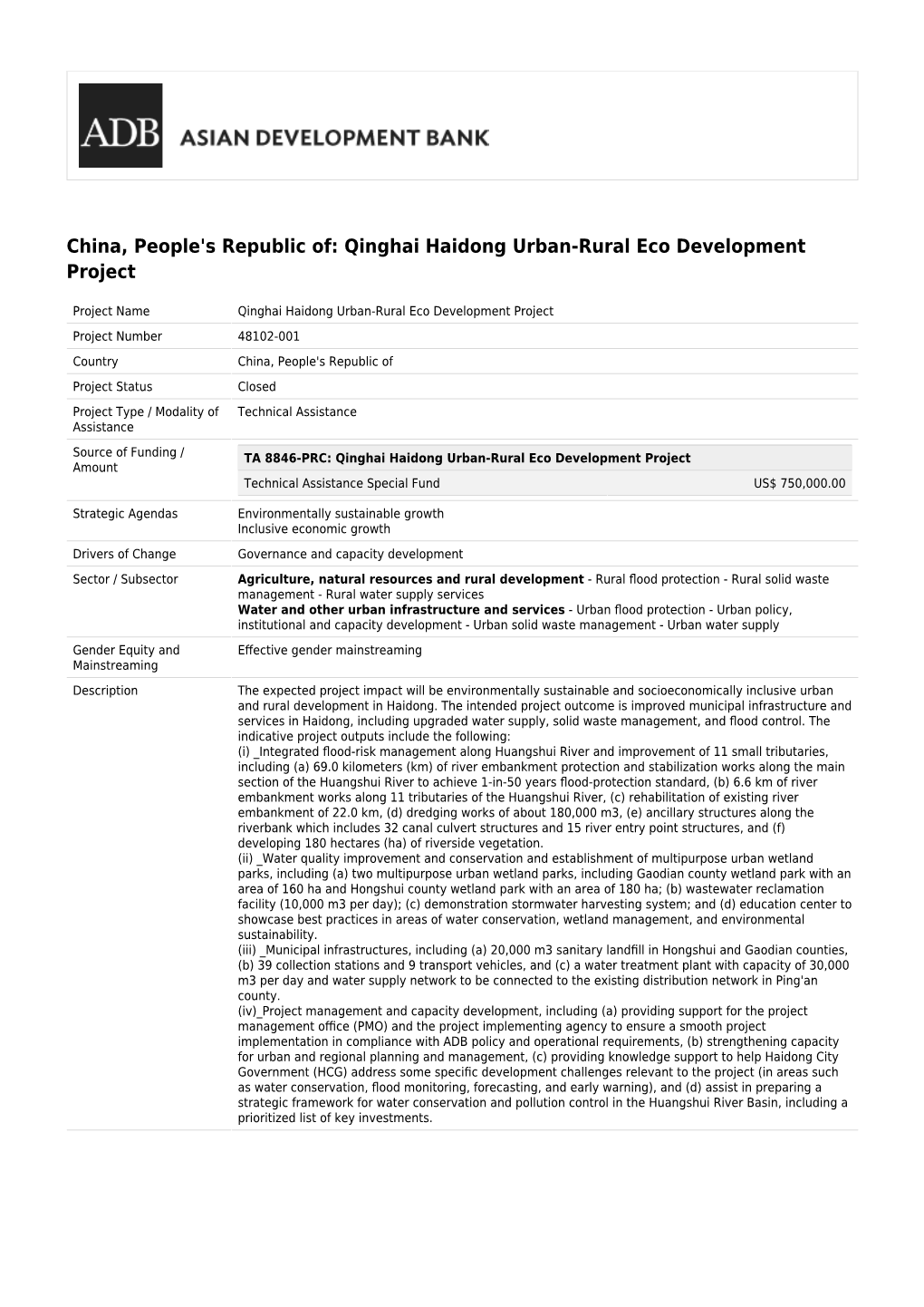 Qinghai Haidong Urban-Rural Eco Development Project