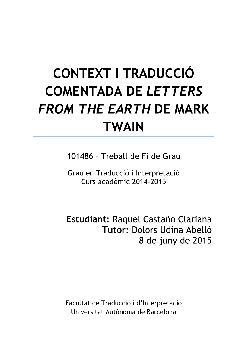 Context I Traducció Comentada De Letters from the Earth De Mark Twain