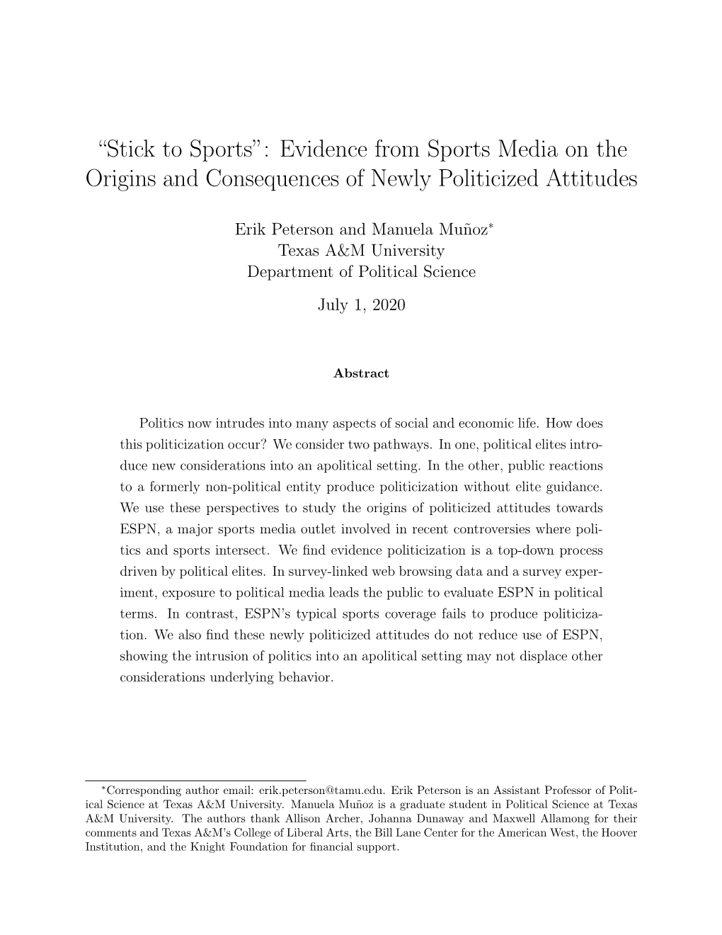 Stick to Sports”: Evidence from Sports Media on the Origins and Consequences of Newly Politicized Attitudes