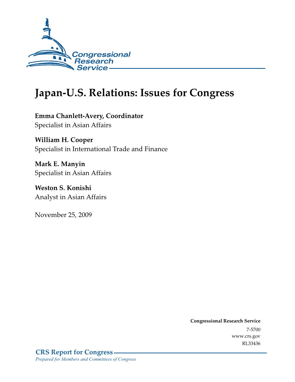 Japan-U.S. Relations: Issues for Congress