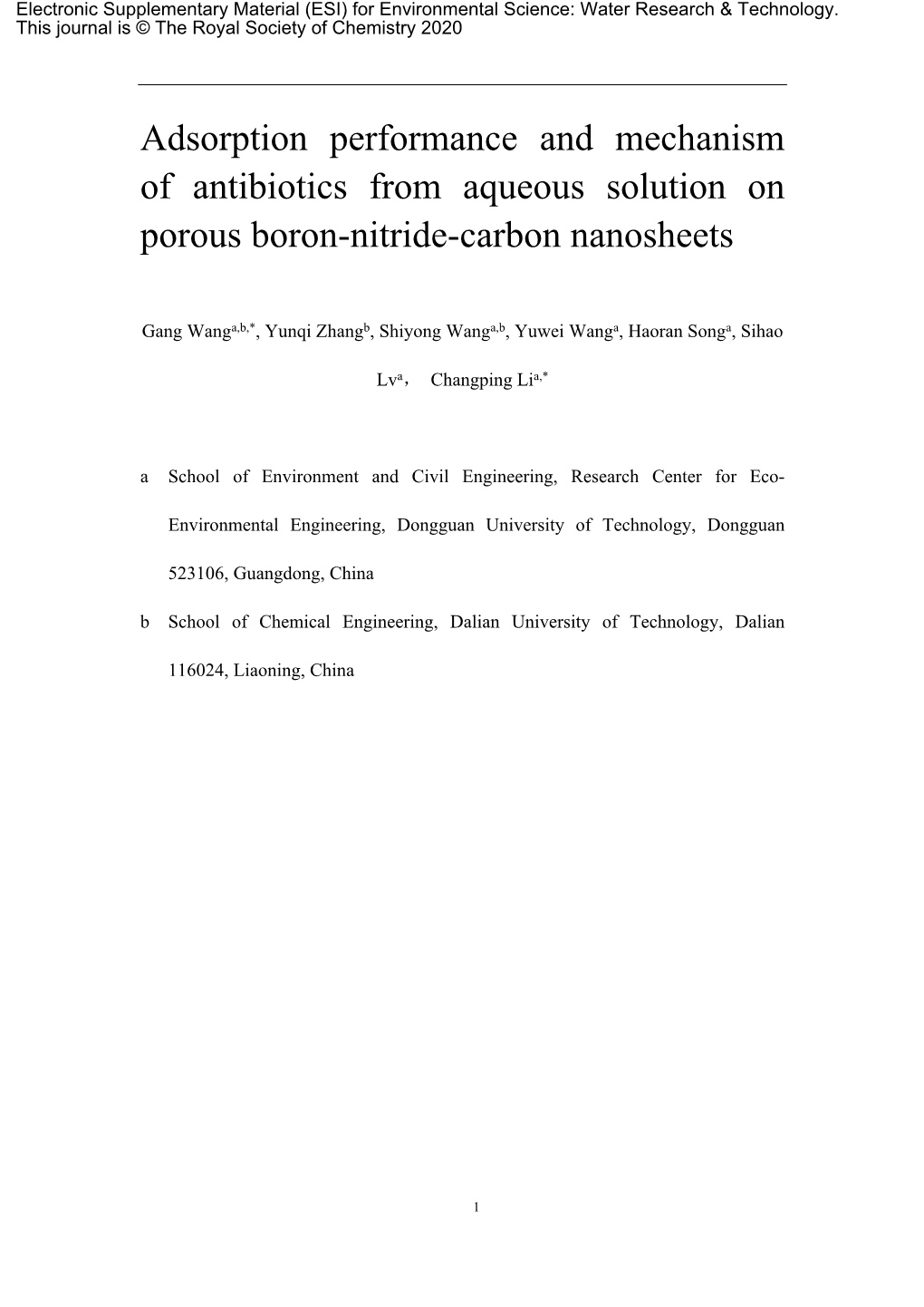 Adsorption Performance and Mechanism of Antibiotics from Aqueous Solution on Porous Boron-Nitride-Carbon Nanosheets