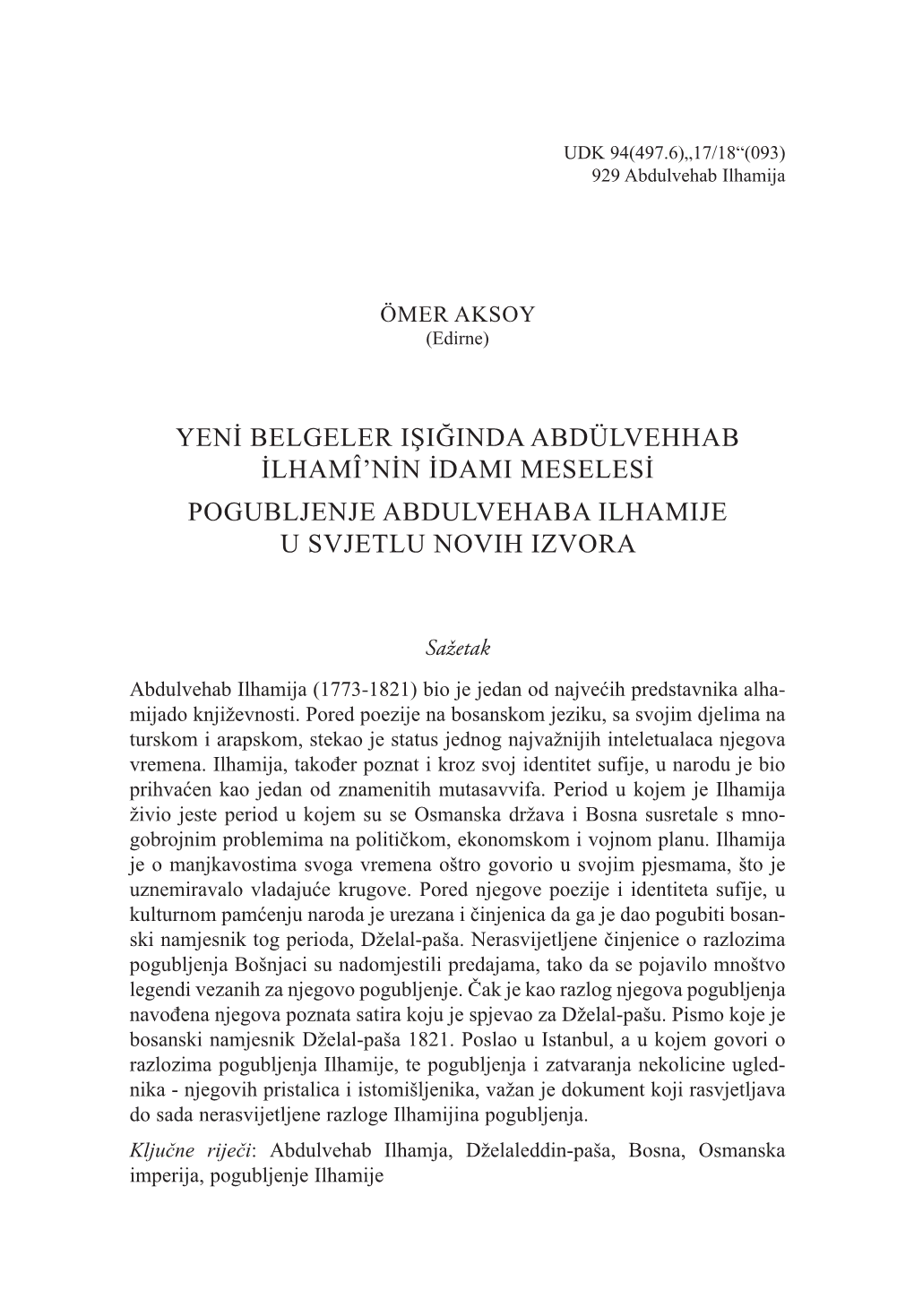 Yeni Belgeler Işiğinda Abdülvehhab Ilhamî'nin Idami