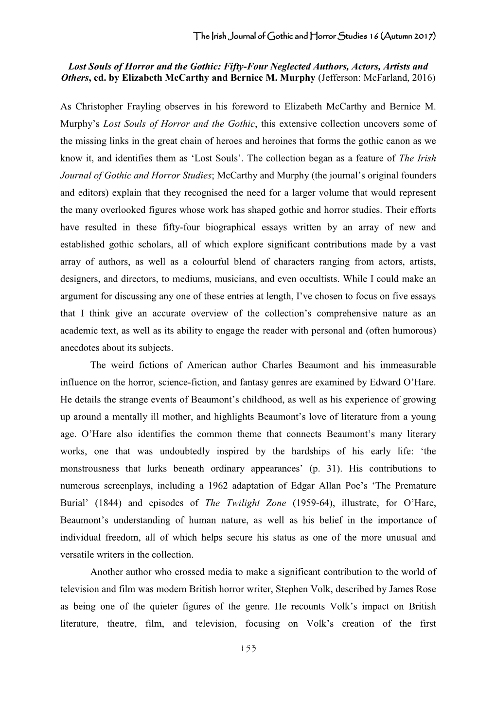 153 Lost Souls of Horror and the Gothic: Fifty-Four Neglected Authors, Actors, Artists and Others, Ed. by Elizabeth Mccarthy
