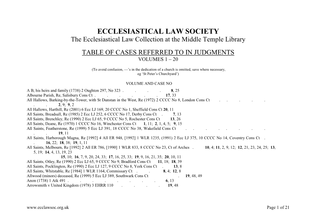 Table of Cases Referred to in Judgments Volumes 1 – 20