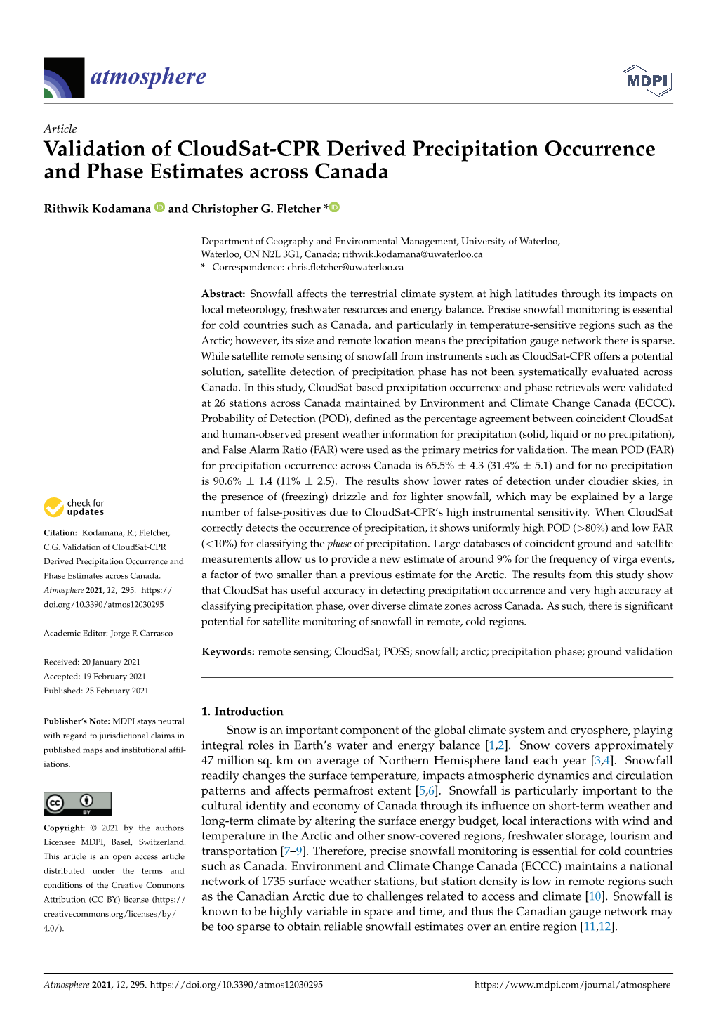 Validation of Cloudsat-CPR Derived Precipitation Occurrence and Phase Estimates Across Canada