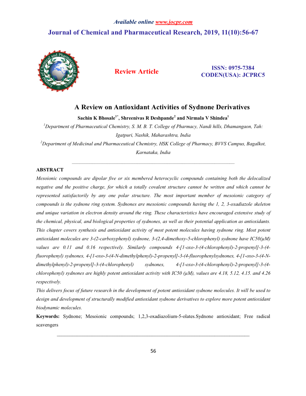 A Review on Antioxidant Activities of Sydnone Derivatives