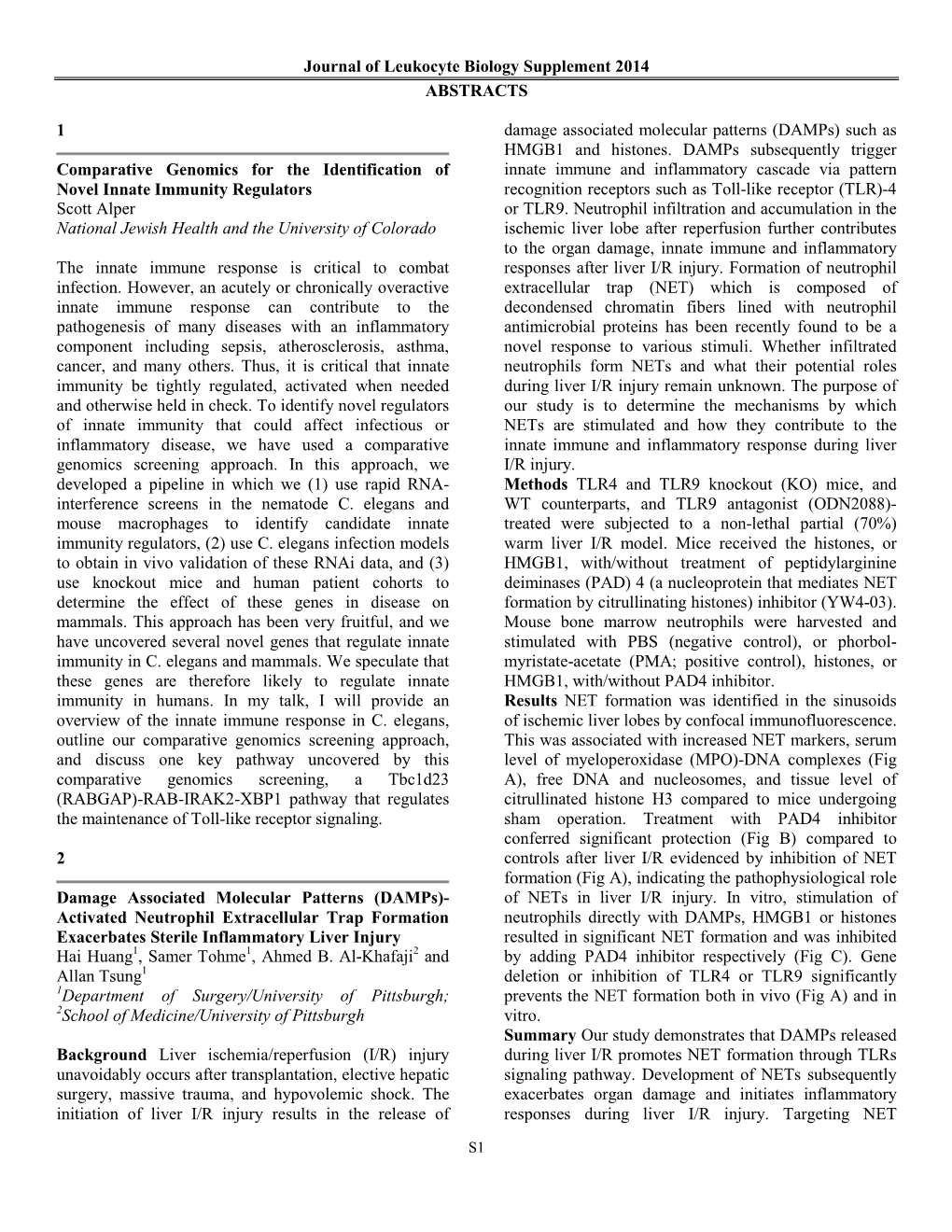 Journal of Leukocyte Biology Supplement 2014 ABSTRACTS 1
