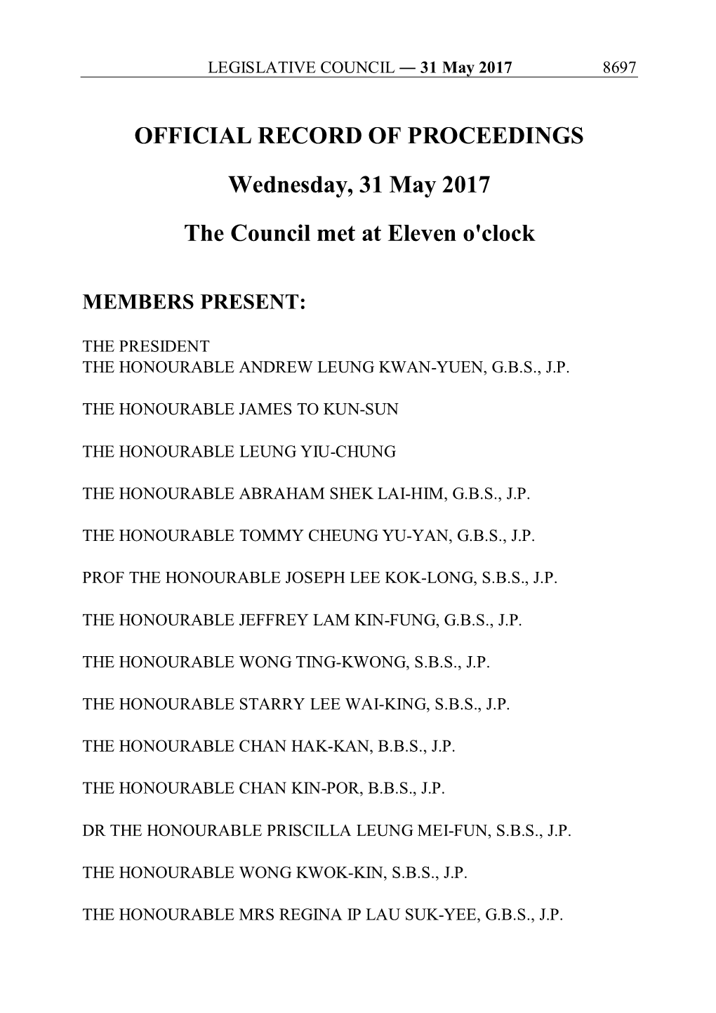 OFFICIAL RECORD of PROCEEDINGS Wednesday, 31