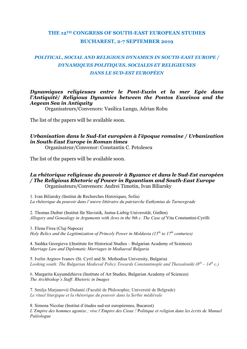 THE 12TH CONGRESS of SOUTH-EAST EUROPEAN STUDIES BUCHAREST, 2-7 SEPTEMBER 2019 Dynamiques Religieuses Entre Le Pont-Euxin Et La