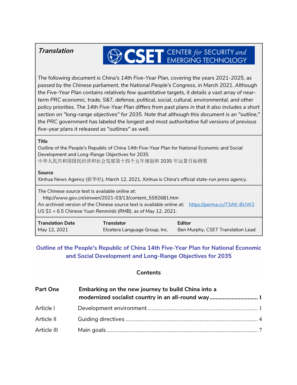 Outline of the People's Republic of China 14Th Five-Year Plan For