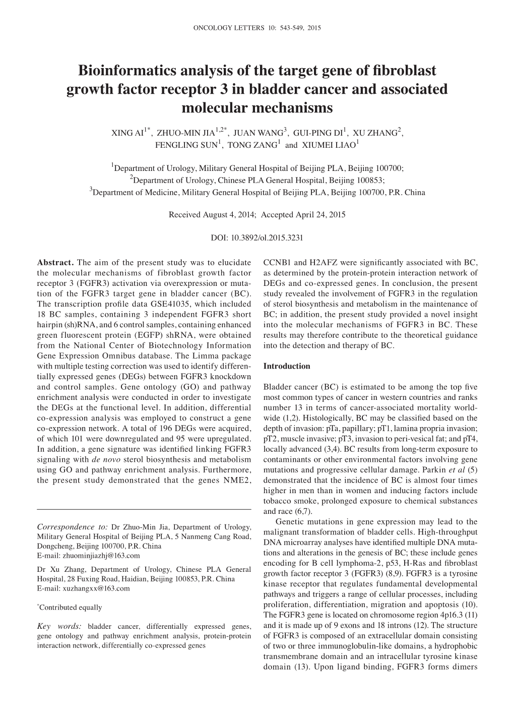 Bioinformatics Analysis of the Target Gene of Fibroblast Growth Factor Receptor 3 in Bladder Cancer and Associated Molecular Mechanisms