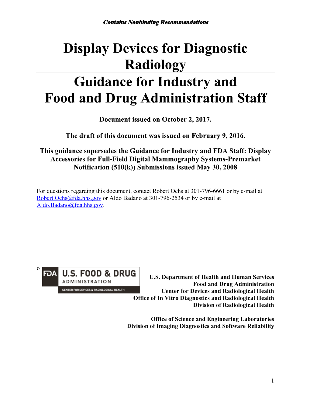 Display Devices for Diagnostic Radiology Guidance for Industry and Food and Drug Administration Staff